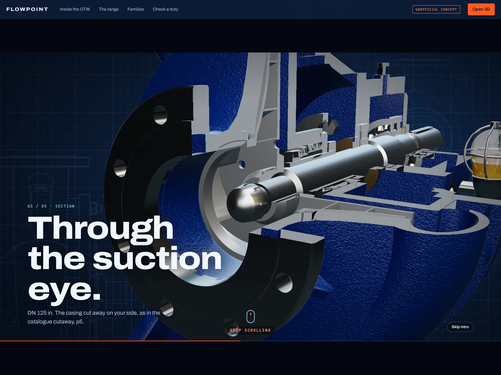 Quarter-section cutaway of the OTW pump during the opening sequence, with the caption Through the suction eye