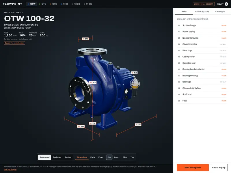 3D explorer showing the OTW 100-32 with dimension lines and a parts panel